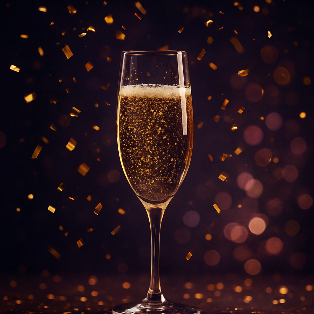 Champagne toast with golden confetti
